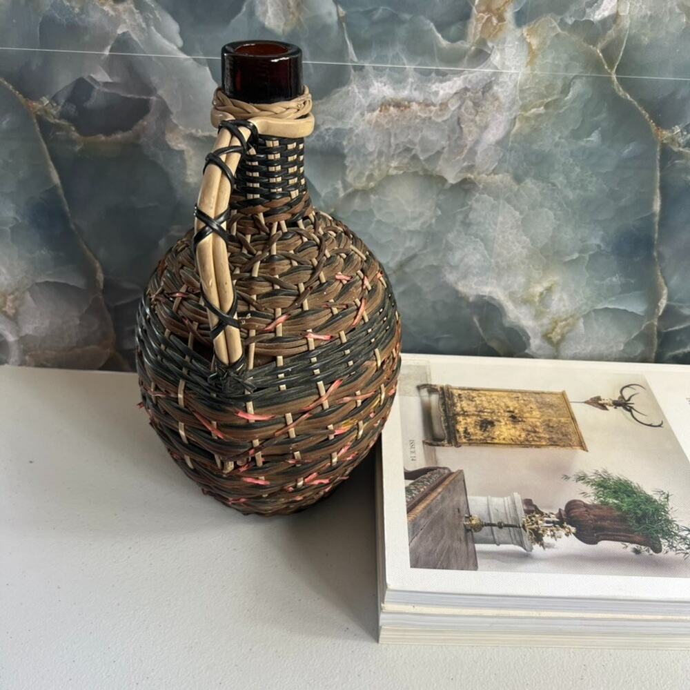 Vintage V Levante Bottle Spanish Woven Wicker Covered Brown Glass - Picture 4 of 13